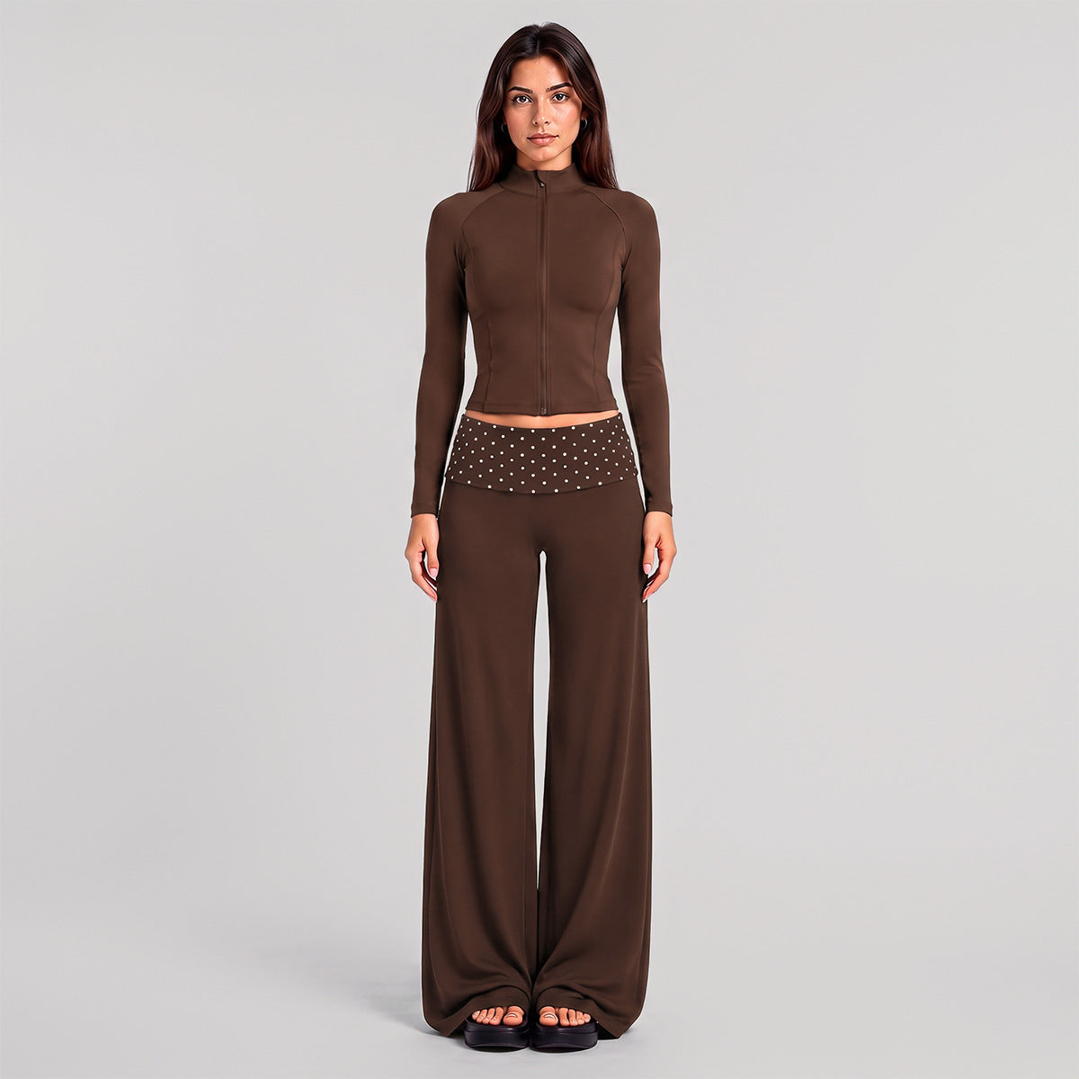 Wholesale Women’s Activewear Set | Slim-Fit Zip-Up Jacket & Contrast Polka Dot Foldover Waist Pants | fouregg - Dark Coffee Brown