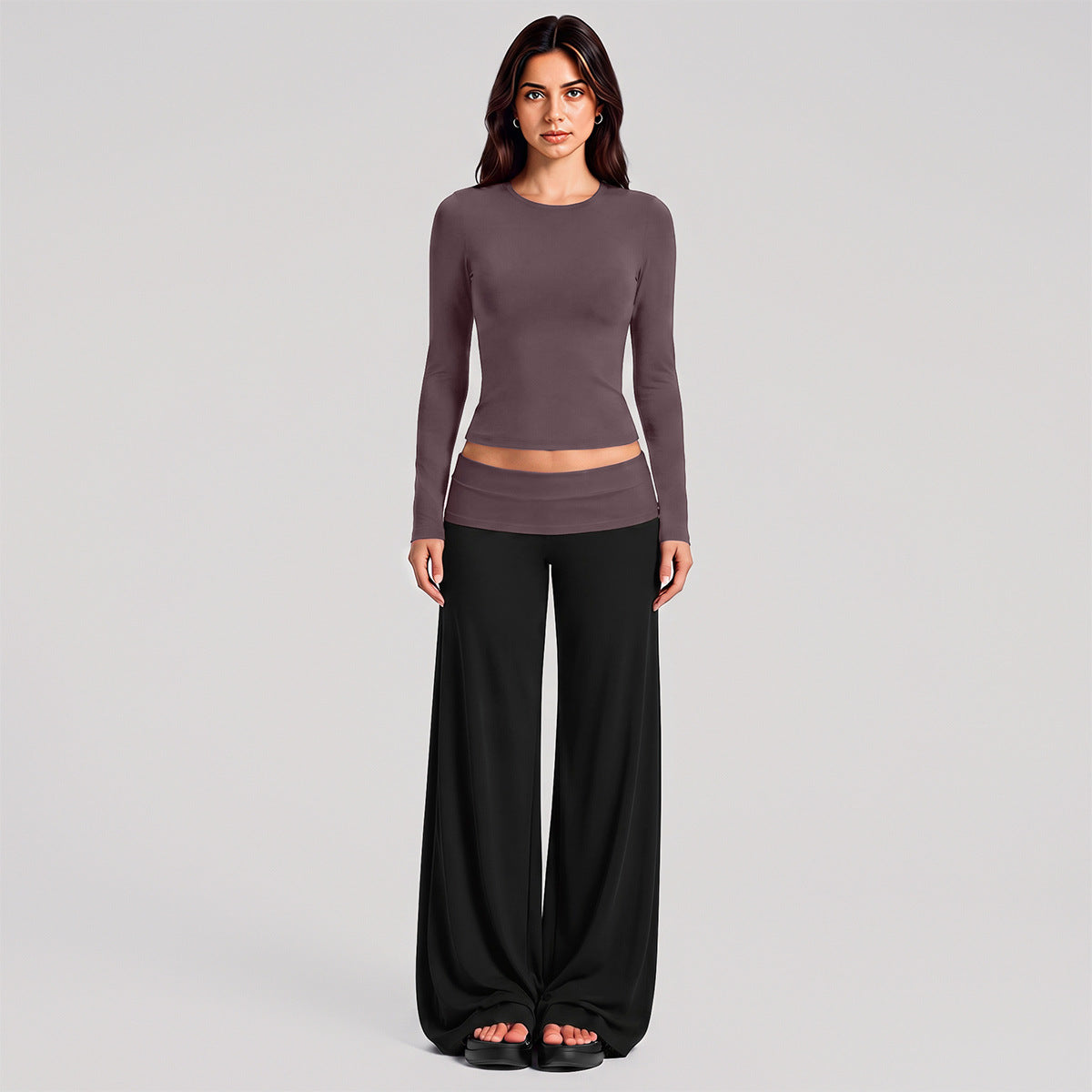 Wholesale Women’s Activewear Set | Fitted Sports Tank & Color-Block Polka Dot Workout Pants | fouregg - 1356 Long Sleeve + 6187 Pants Dark Brown