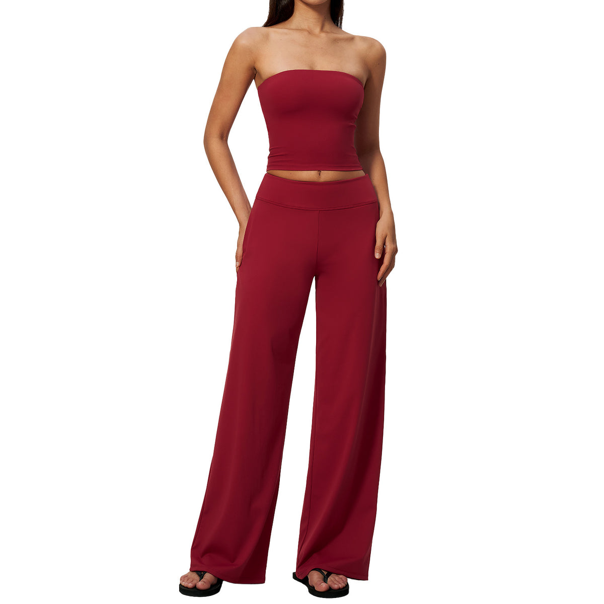Wholesale Women’s Brushed 2-Piece Set | Strapless Sports Top & Relaxed Wide-Leg Pants 8793 | fouregg