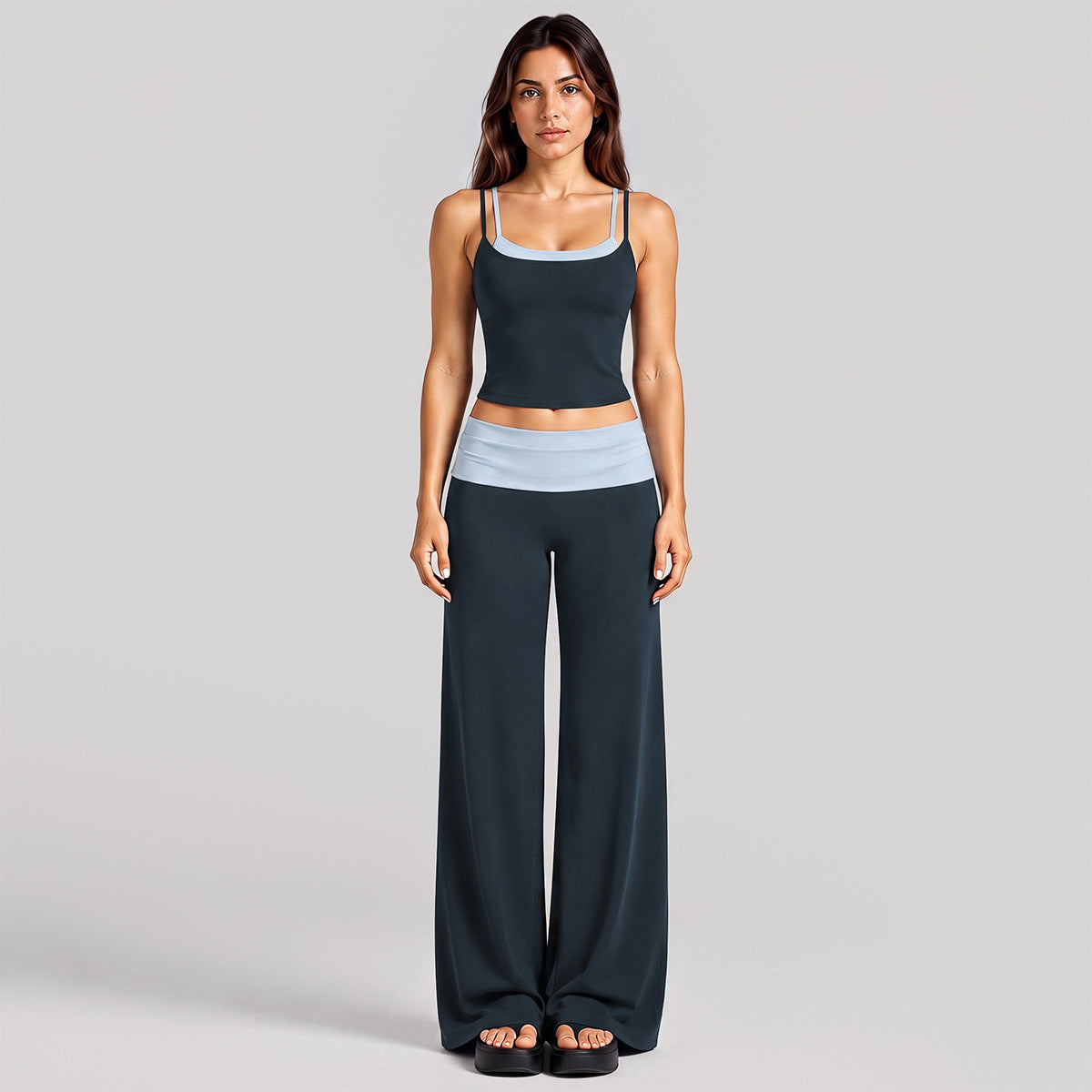Wholesale Women’s Color-Block Activewear Set | Faux-Layered Sports Tank & Quick-Dry Workout Pants | fouregg