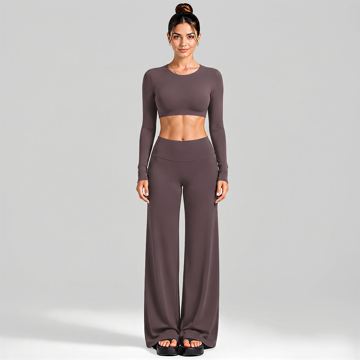 Wholesale Women’s Activewear Set | Cutout Back Long Sleeve Tee & High-Waisted Loose Pants | fouregg - Long Sleeve + Straight Pants Dark Brown