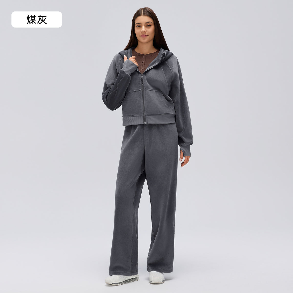 Wholesale Women’s Relaxed-Fit Activewear Set | Cropped Hooded Jacket & Slimming Straight-Leg Joggers | fouregg - Charcoal Gray (2-Piece Set)