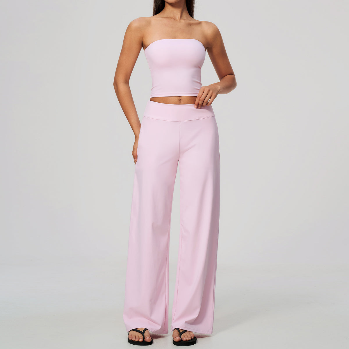 Wholesale Women’s Brushed 2-Piece Set | Strapless Sports Top & Relaxed Wide-Leg Pants 8793 | fouregg - Falling Cherry Pink