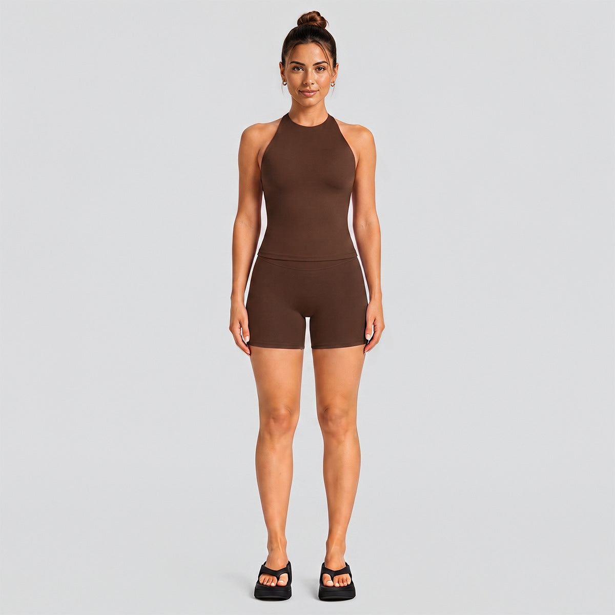 Wholesale Women’s Activewear Set | Slimming Sports Tank & Loose-Fit Workout Pants | fouregg - Shorts Set, Dark Coffee Brown