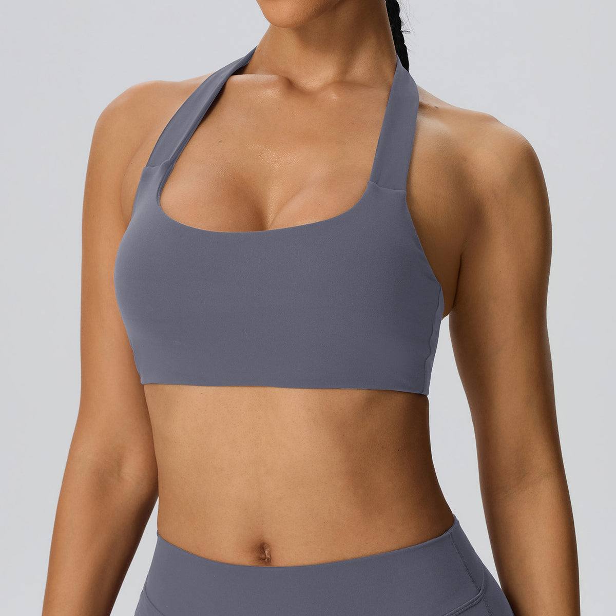Wholesale Women’s Double-Brushed Sports Bra | Bulk Open-Back Halter Fitness Top 62768 | fouregg - Misty Blue