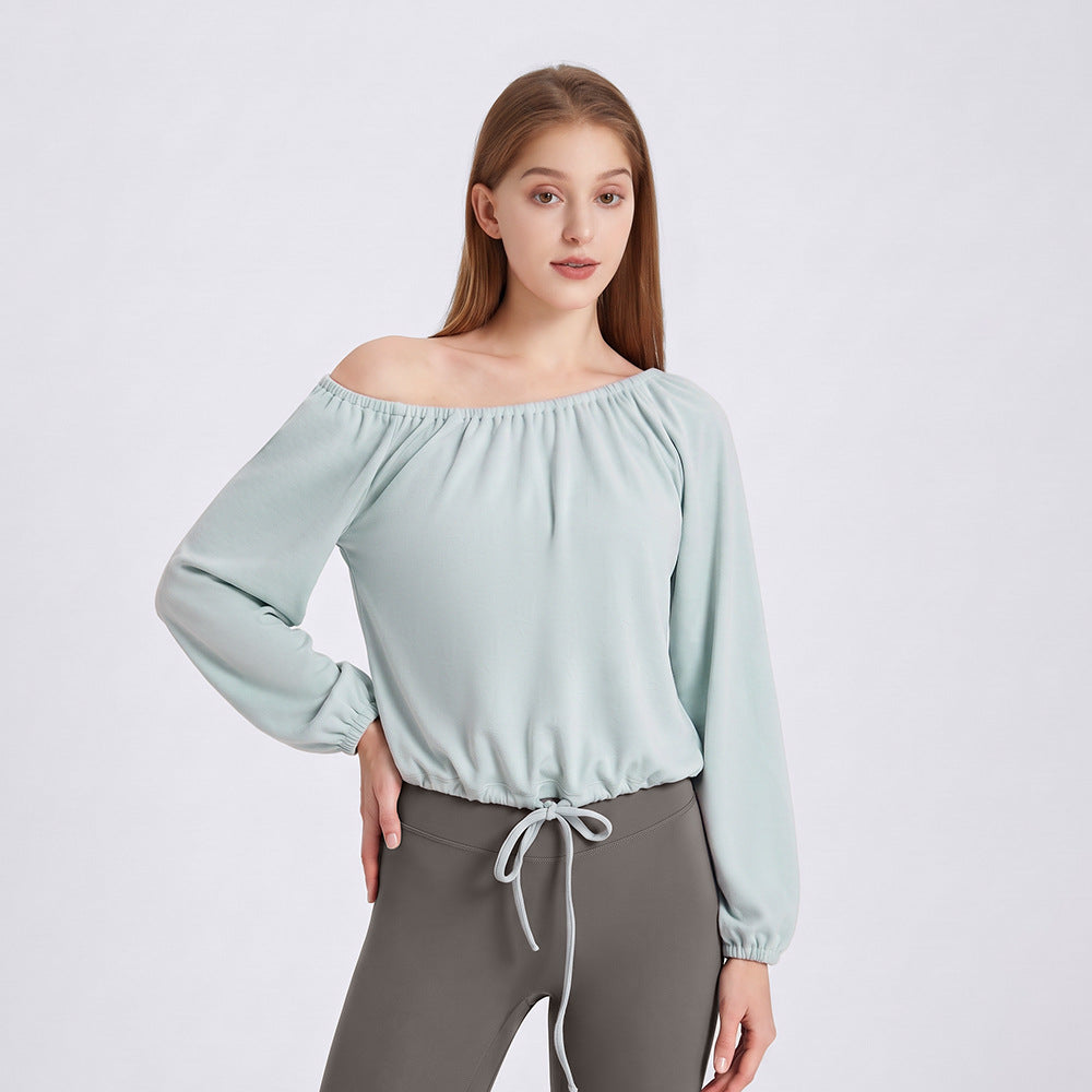 Wholesale Women’s Activewear Top | Slim-Fit Drawstring Off-Shoulder Warm-Up Shirt | fouregg - Double Algae Blue