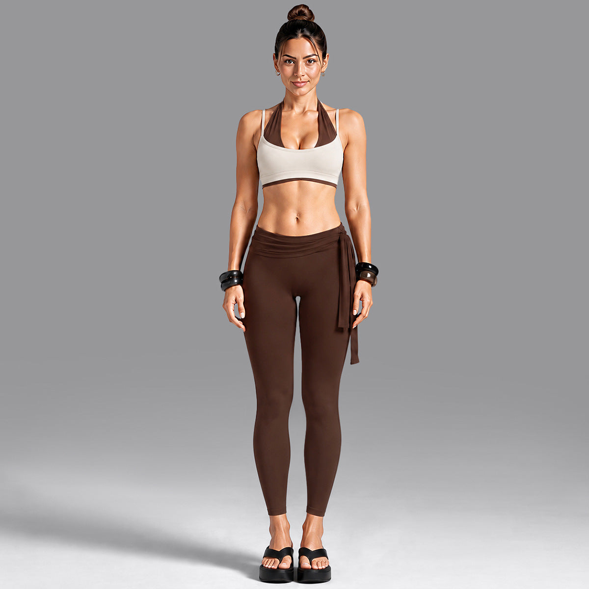 Wholesale Women’s Activewear Set | Dual-Layer Halter Sports Top & Tie-Detail Quick-Dry Workout Pants | fouregg - Underwear + Long Pants, White Brown