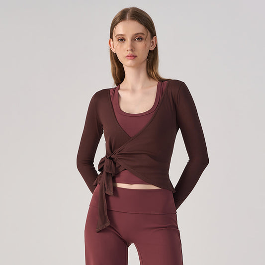 Wholesale Women’s Wrap Yoga Top | Thin Long-Sleeve Crossover Cardigan for Pilates & Activewear | fouregg - Coffee
