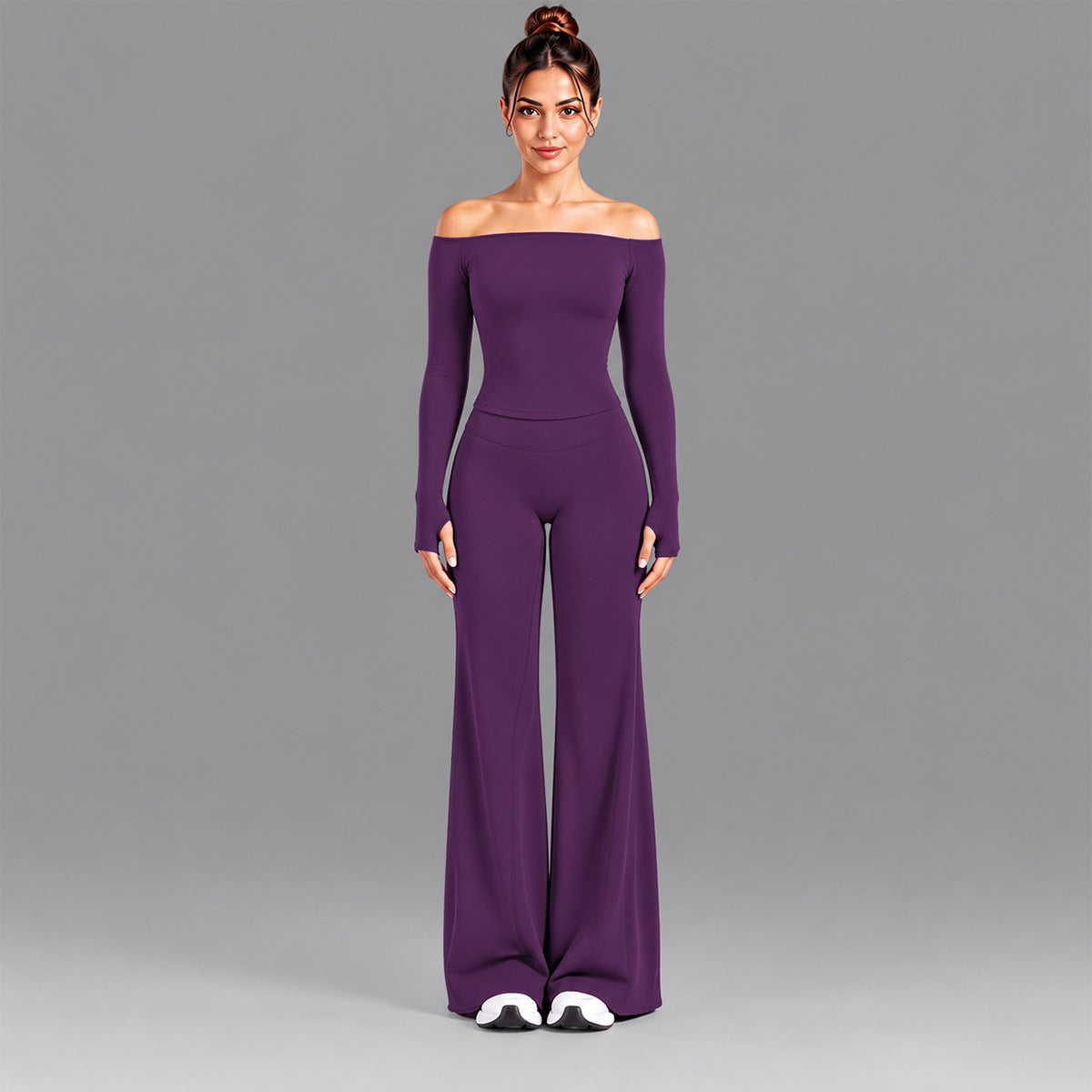 Wholesale Women’s Seamless Activewear Set | Slim-Fit Off-Shoulder Top & Peach-Lift Yoga Pants | fouregg - Long Sleeve + Flare Pants Grape Purple