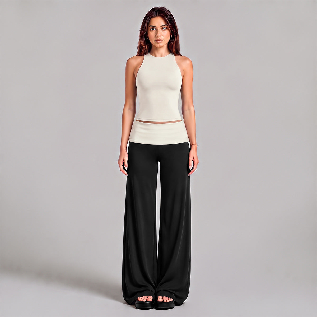 Wholesale Women’s Activewear Set | Color-Block Halter Sports Top & High-Waisted Workout Pants | fouregg - Pants + Tank Top, Off-White