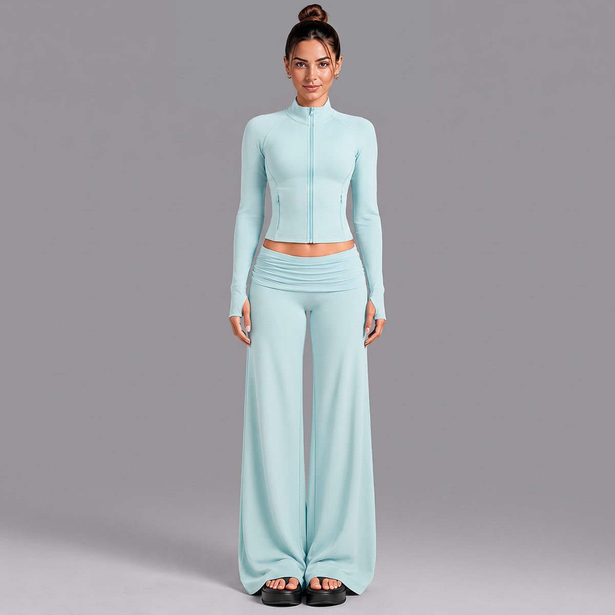 Wholesale Women’s Activewear Set | Quick-Dry Color-Block Track Jacket & Polka Dot Yoga Pants | fouregg - XL37 Jacket + 6090 Pants, Light Blue
