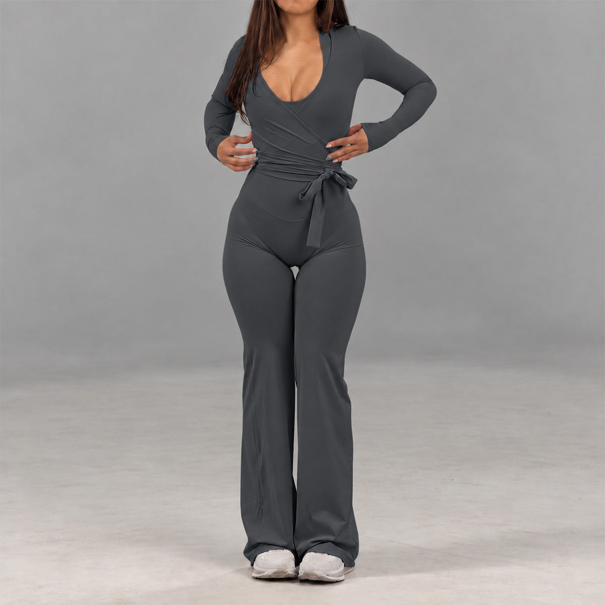Wholesale Women’s Activewear Jumpsuit | Backless Quick-Dry Halter Flared Workout One-Piece | fouregg - 6277 Long Sleeve + Jumpsuit Dark Gray