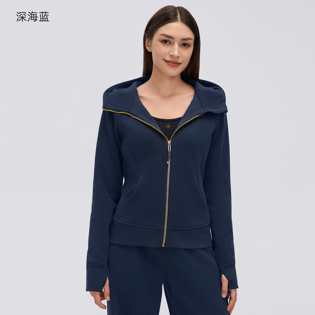 Wholesale Women’s Winter Workout Jacket D26115 | Warm Drawstring Waist Hooded Fitness Top | fouregg - Deep Sea Blue