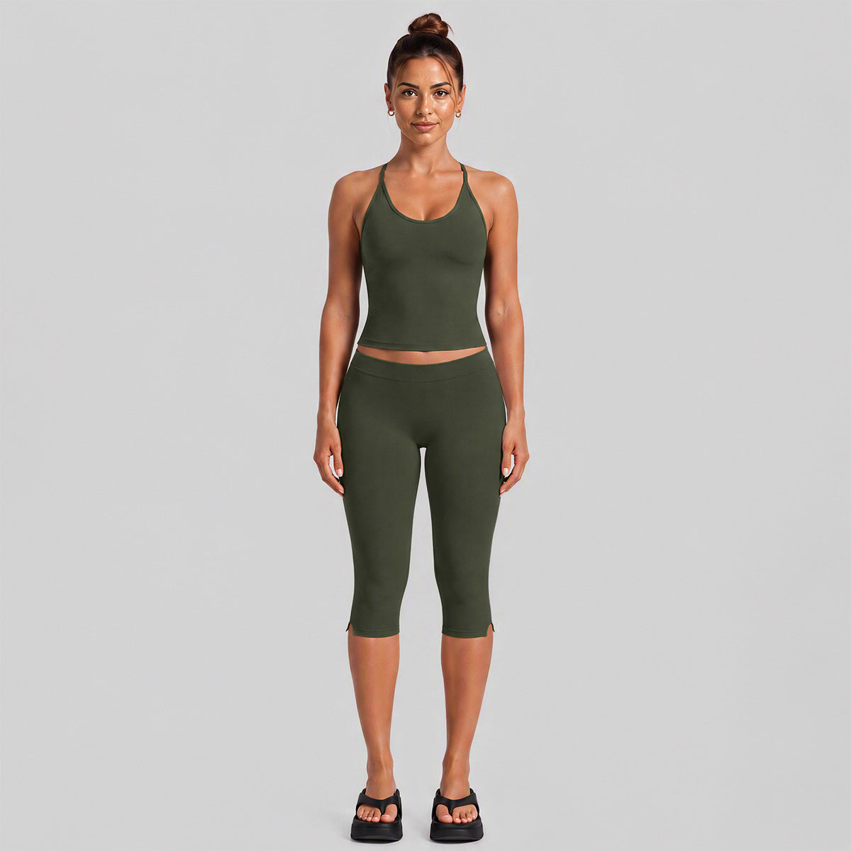 Wholesale Women’s Fitness Set | Backless Halter Sports Top & 3/4-Length Workout Pants | fouregg - Olive Green