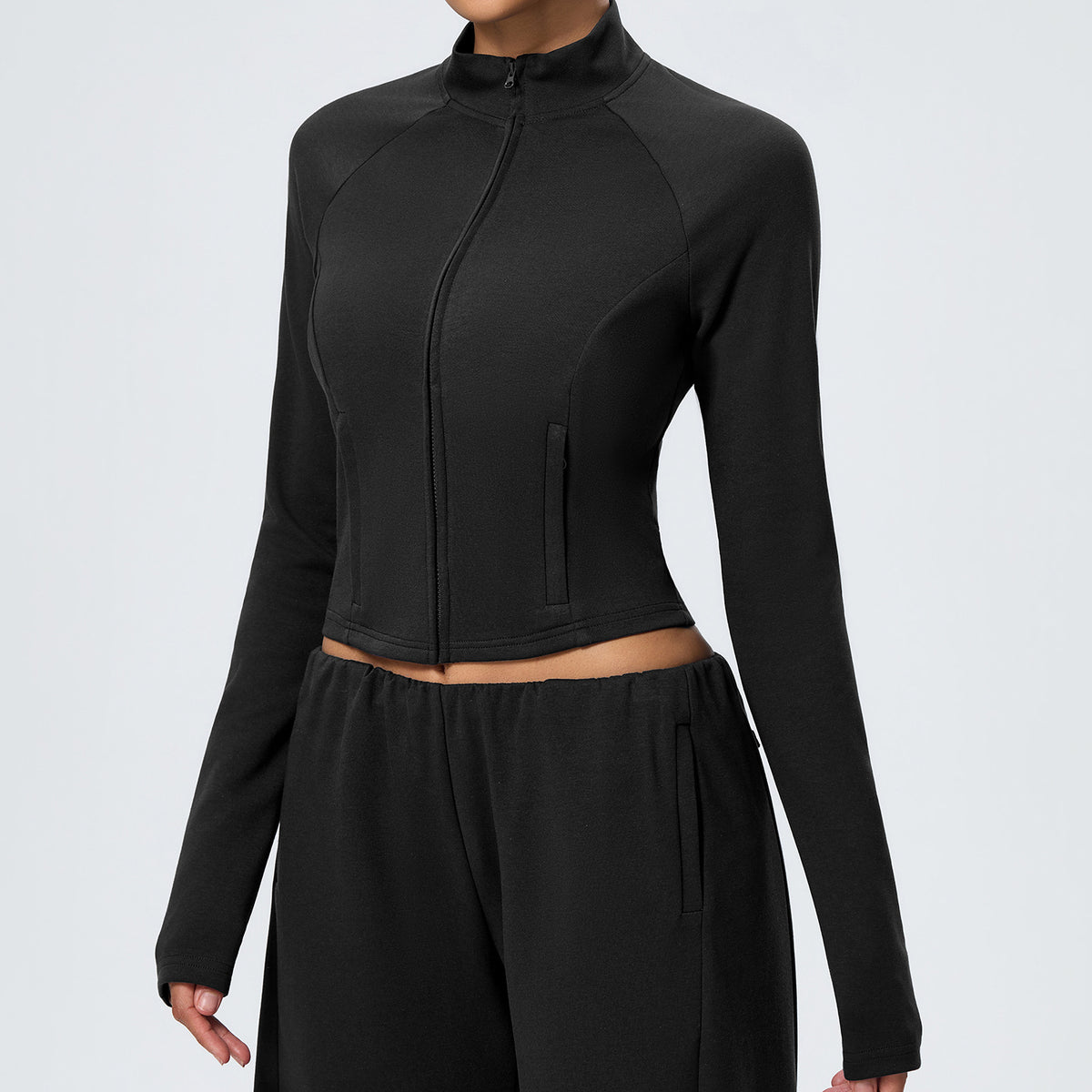 Wholesale Winter Activewear Jacket | Slim-Fit Heat-Retention Cropped Workout Top | fouregg - Black