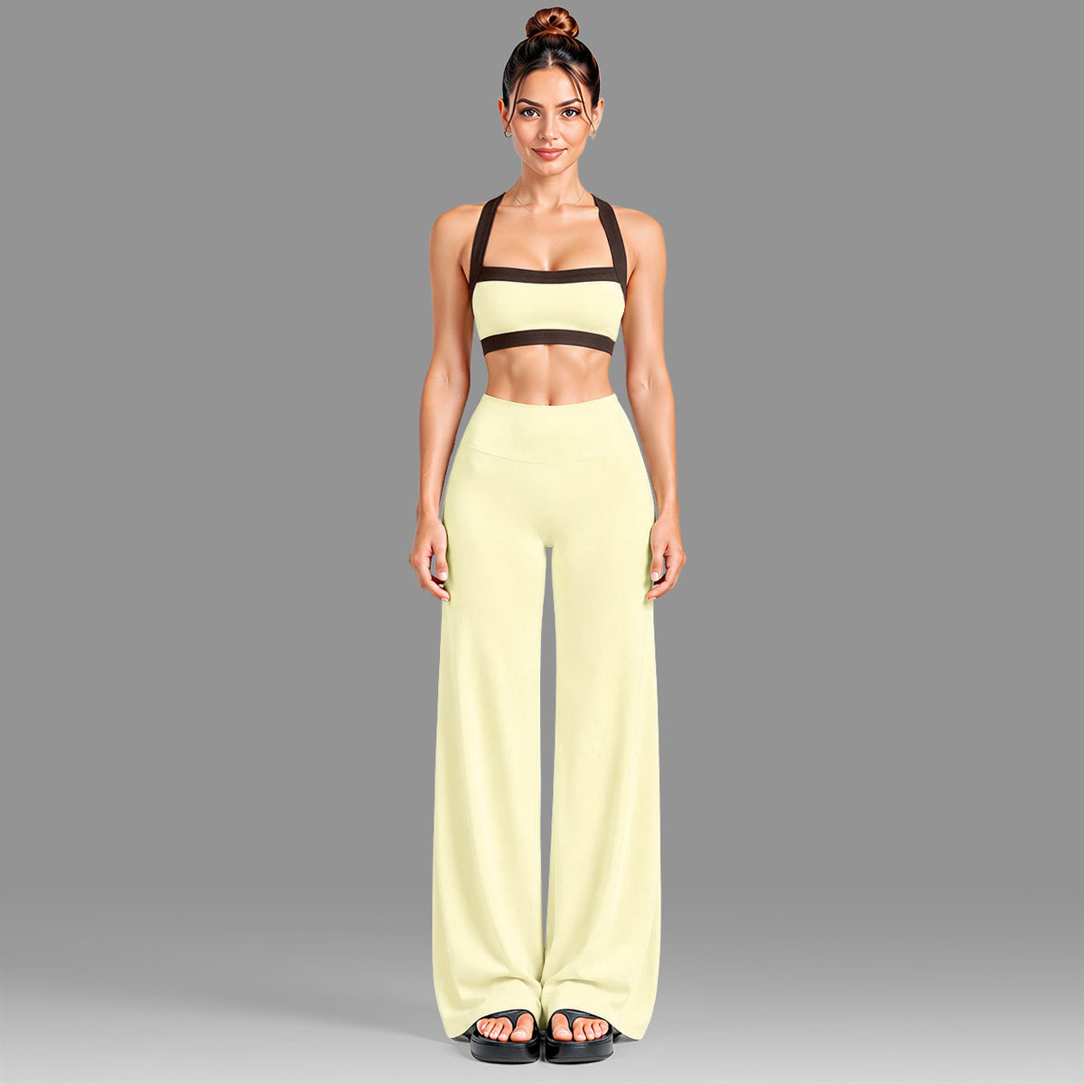 Wholesale Women’s Activewear Set | Color-Block Workout Bra & Low-Waisted Casual Fitness Pants | fouregg - Underwear + Pants Cream Yellow