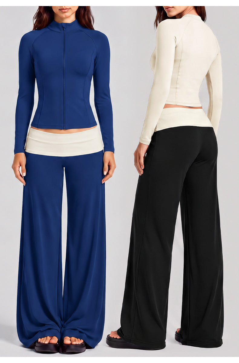 Wholesale Women’s Activewear Set | High-Neck Workout Jacket & Color-Block Yoga Leggings | fouregg