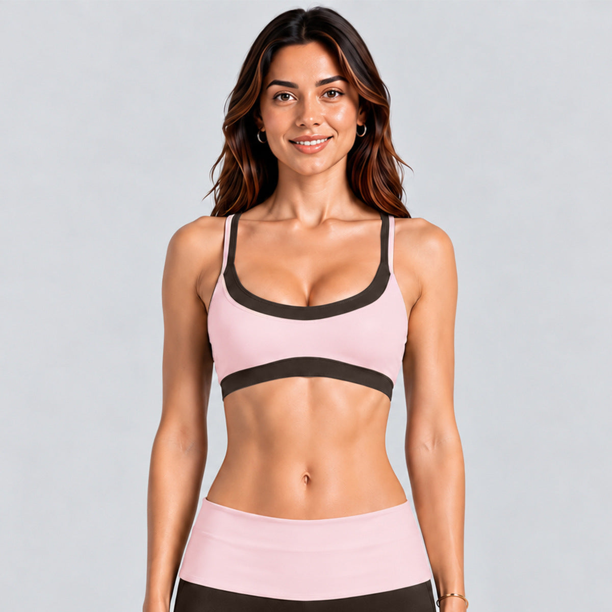 Wholesale Women’s Activewear Set | Faux-Layered Sports Bra & Quick-Dry Flared Yoga Pants | fouregg - 6188 Bra Pink/Root Brown