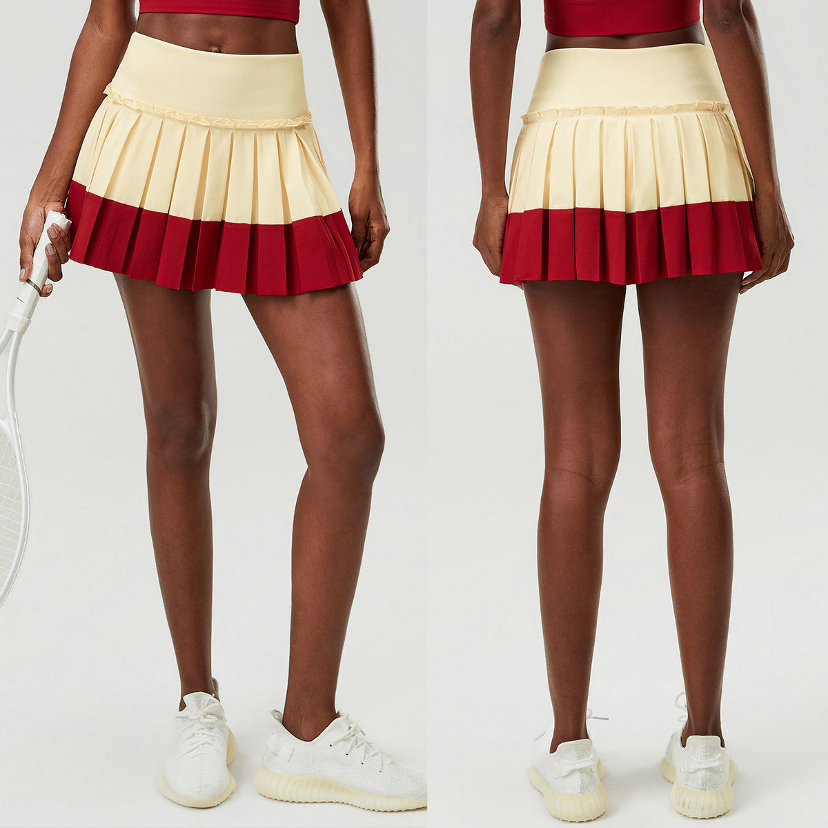 Wholesale Women's Puff-Edge Tennis Skirt Wholesale | Striped Polyester Sports Skirt | fouregg | SP670 - Ankara Red