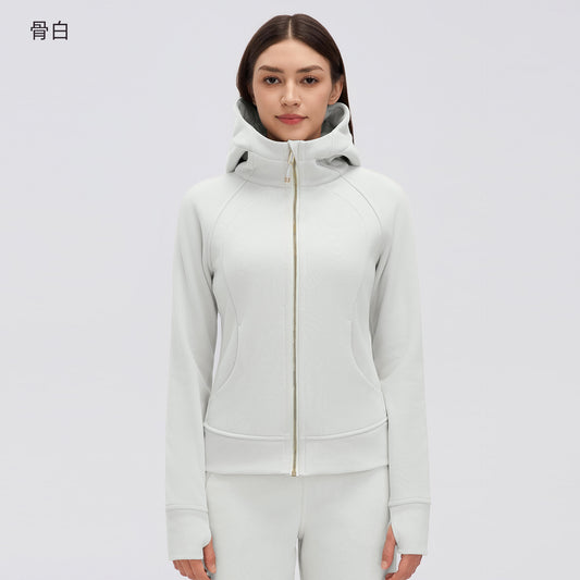 Wholesale Women’s Winter Workout Jacket D26115 | Warm Drawstring Waist Hooded Fitness Top | fouregg - Bone White