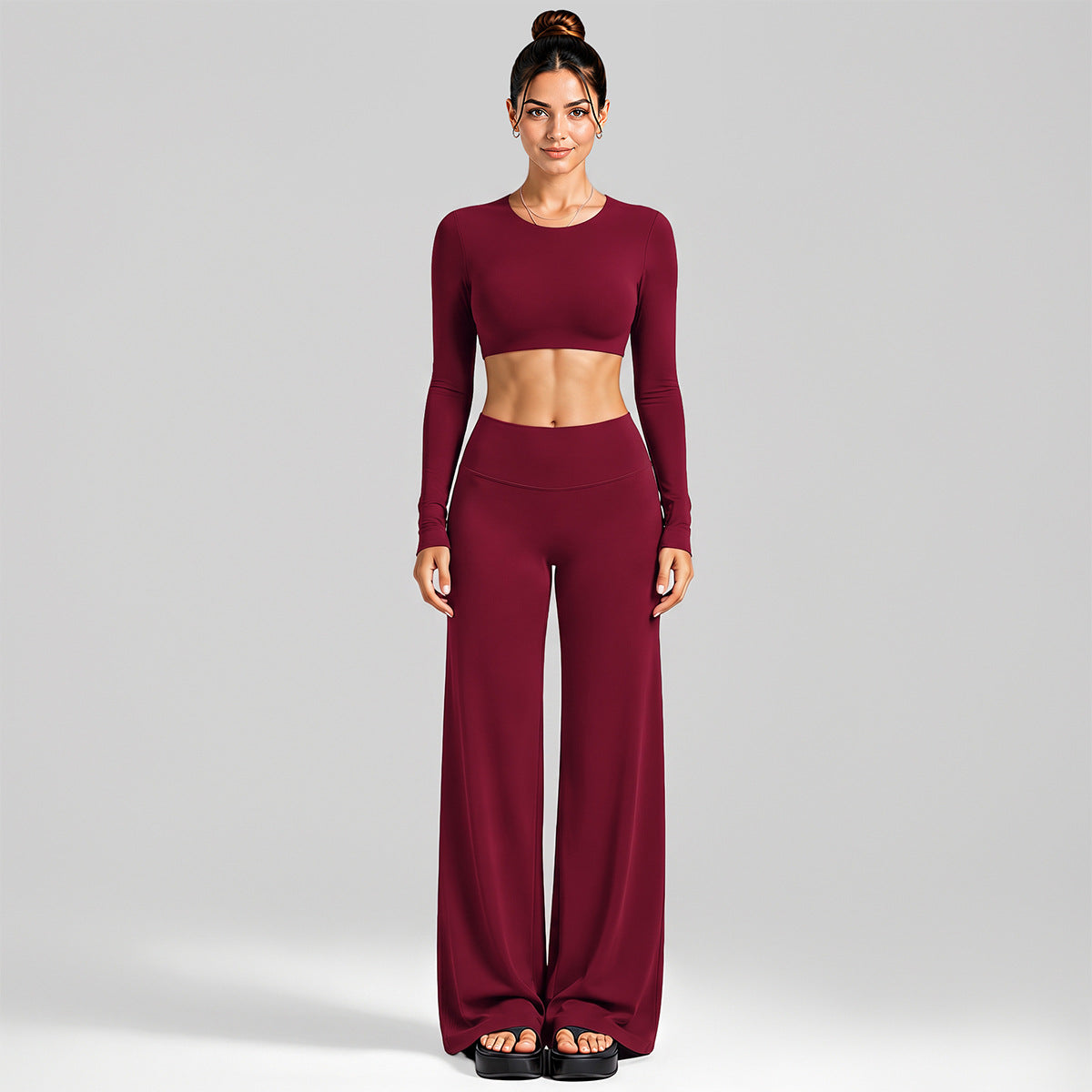 Wholesale Women’s Activewear Set | Cutout Back Long Sleeve Tee & High-Waisted Loose Pants | fouregg - Long Sleeve + Straight Pants Rumba Red