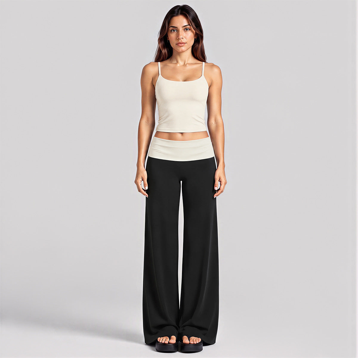 Wholesale Women’s Activewear Set | Backless Sports Tank & Color-Block High-Waisted Yoga Leggings | fouregg - Tank Top + Long Pants, Off-White