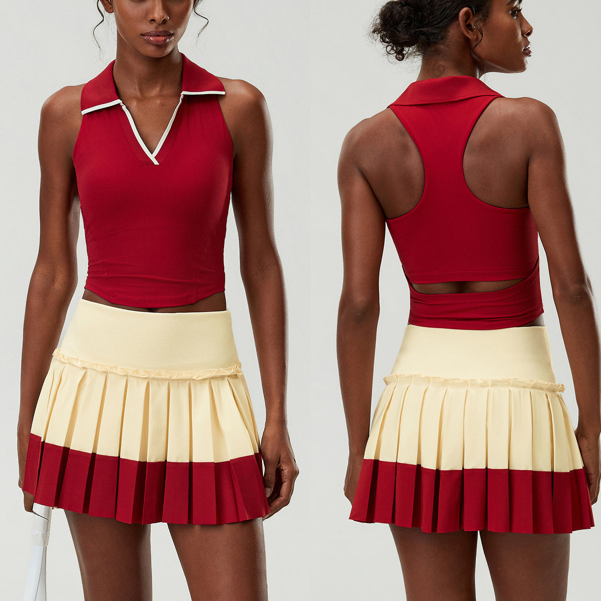 Wholesale Women's 2-Piece Sports Skirt Set | Cutout-Waist Tank Top & Puff-Edge Skirt | Quick-Dry Activewear | fouregg - Ancler Red