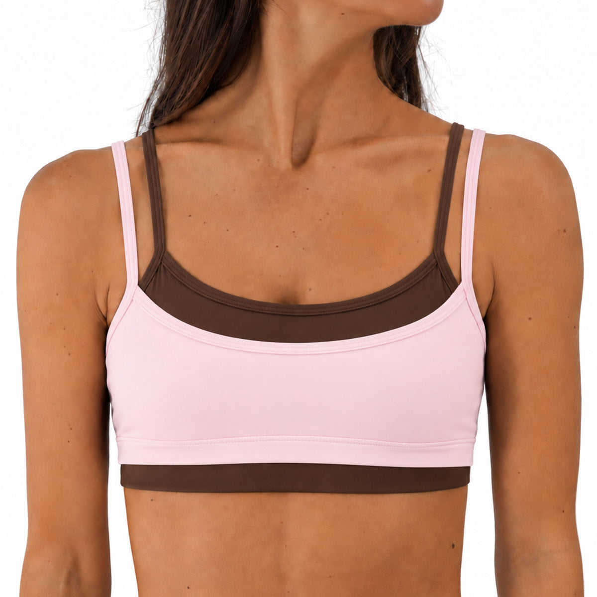 Wholesale Women’s Activewear Set | Double-Layer Contrast Sports Bra & Quick-Dry Workout Leggings | fouregg - Underwear Pink