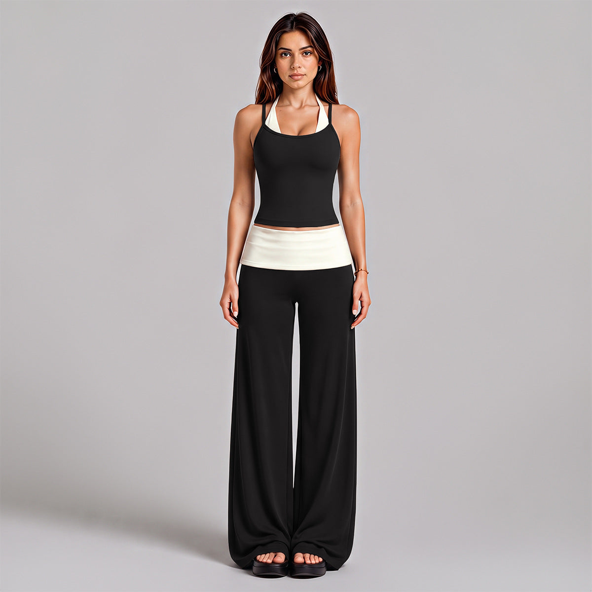 Wholesale Women’s Activewear Set | Halter Sports Top & Color-Block High-Waisted Yoga Pants | fouregg - 6147 Tank + 6187 Pants, Black