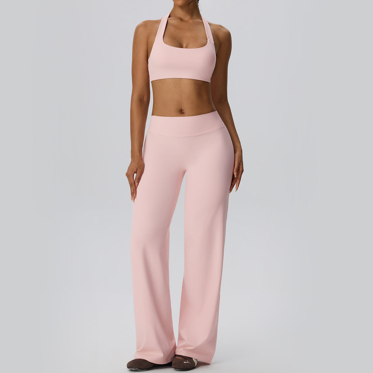 Wholesale Women’s 2-Piece Yoga Set | Bulk Halter Sports Bra & Loose Workout Pants | fouregg - Dusty Pink