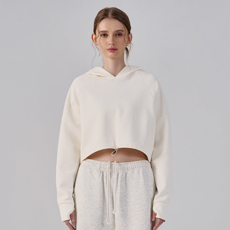 Wholesale Women’s Cropped Sweatshirt | Bulk Relaxed-Fit Hooded Workout Top | fouregg - Cream Apricot