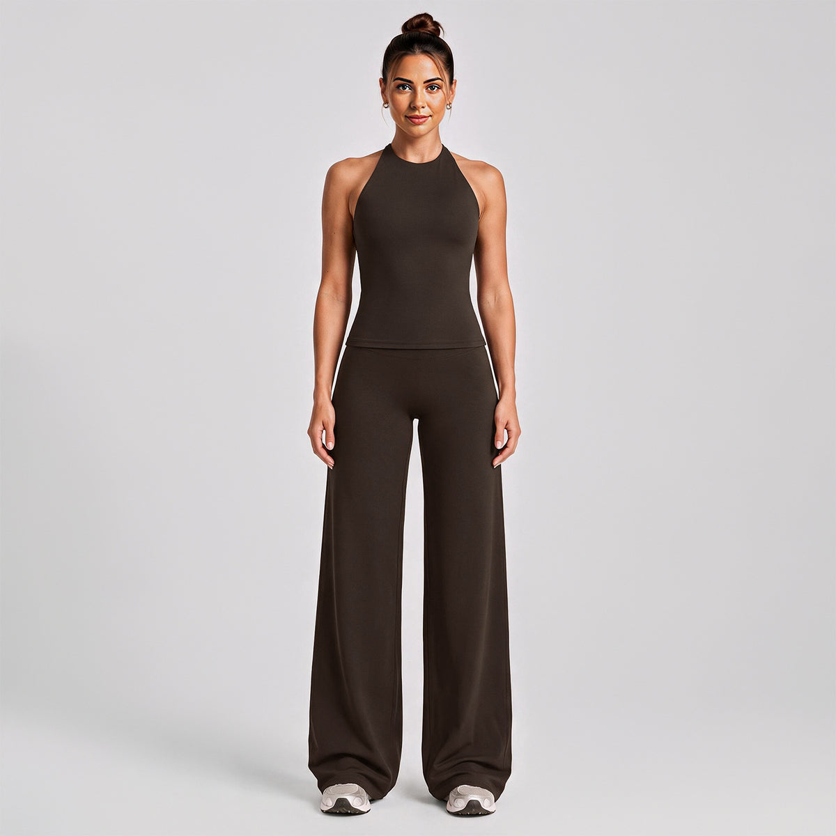 Wholesale Women’s Activewear Set | Slimming Sports Tank & Loose-Fit Workout Pants | fouregg - Wide-Leg Long Set, Root Brown