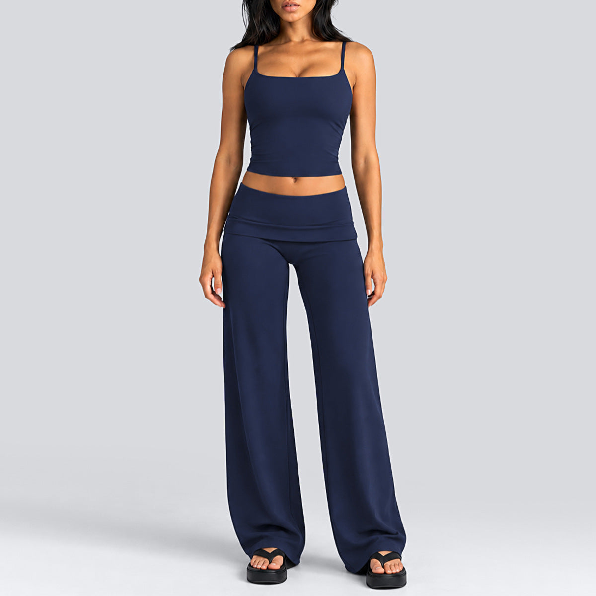 Wholesale Women’s Activewear Set | Quick-Dry Backless Tank Top & Slimming High-Waisted Workout Pants | fouregg - Tank Top + Straight-Leg Pants, Navy