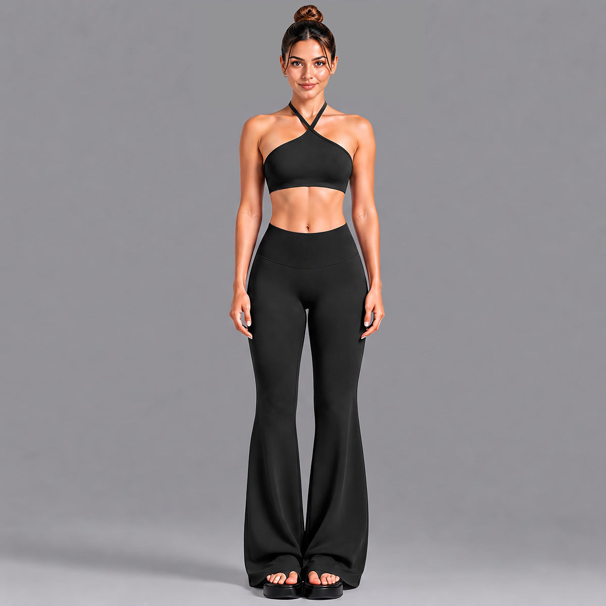Wholesale Women’s Activewear Set | Contrast Stripe Workout Top & Casual Fitness Leggings | fouregg - Underwear + Flared Pants, Black