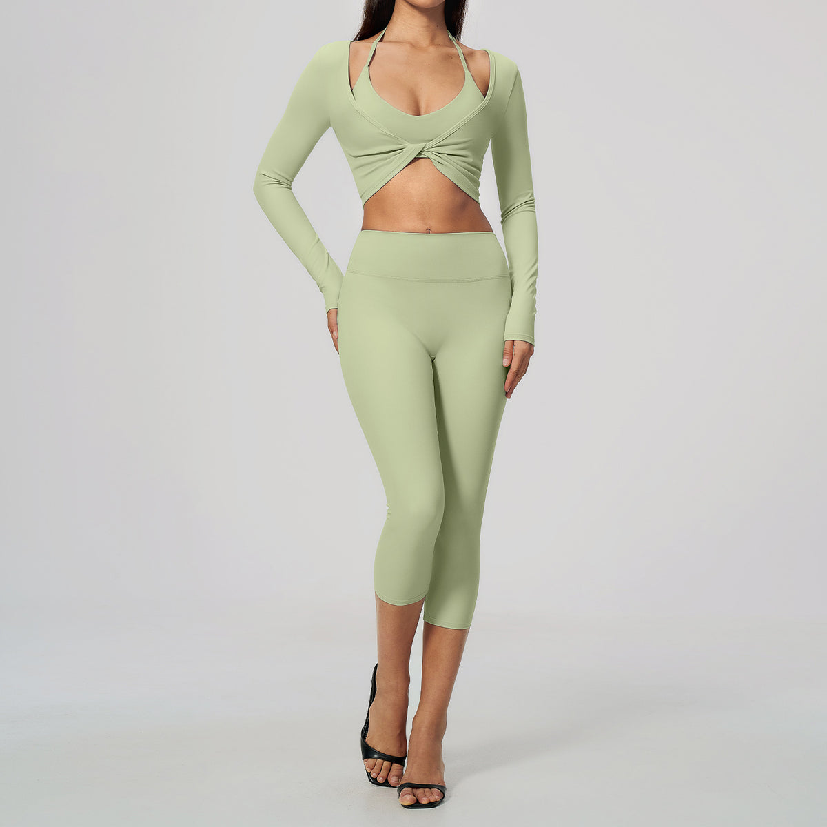 Wholesale Brushed Activewear Set 5529 | Tummy-Control, Butt-Lifting Yoga & Running Outfit | fouregg - 5529 Bra + Shorts + 5529-1 Long Sleeve, Mist Green