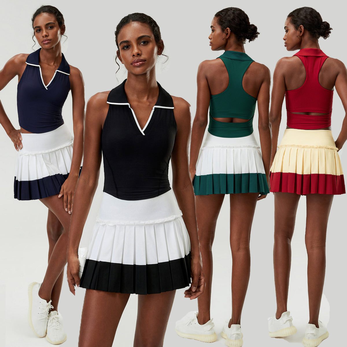 Wholesale Women's 2-Piece Sports Skirt Set | Cutout-Waist Tank Top & Puff-Edge Skirt | Quick-Dry Activewear | fouregg