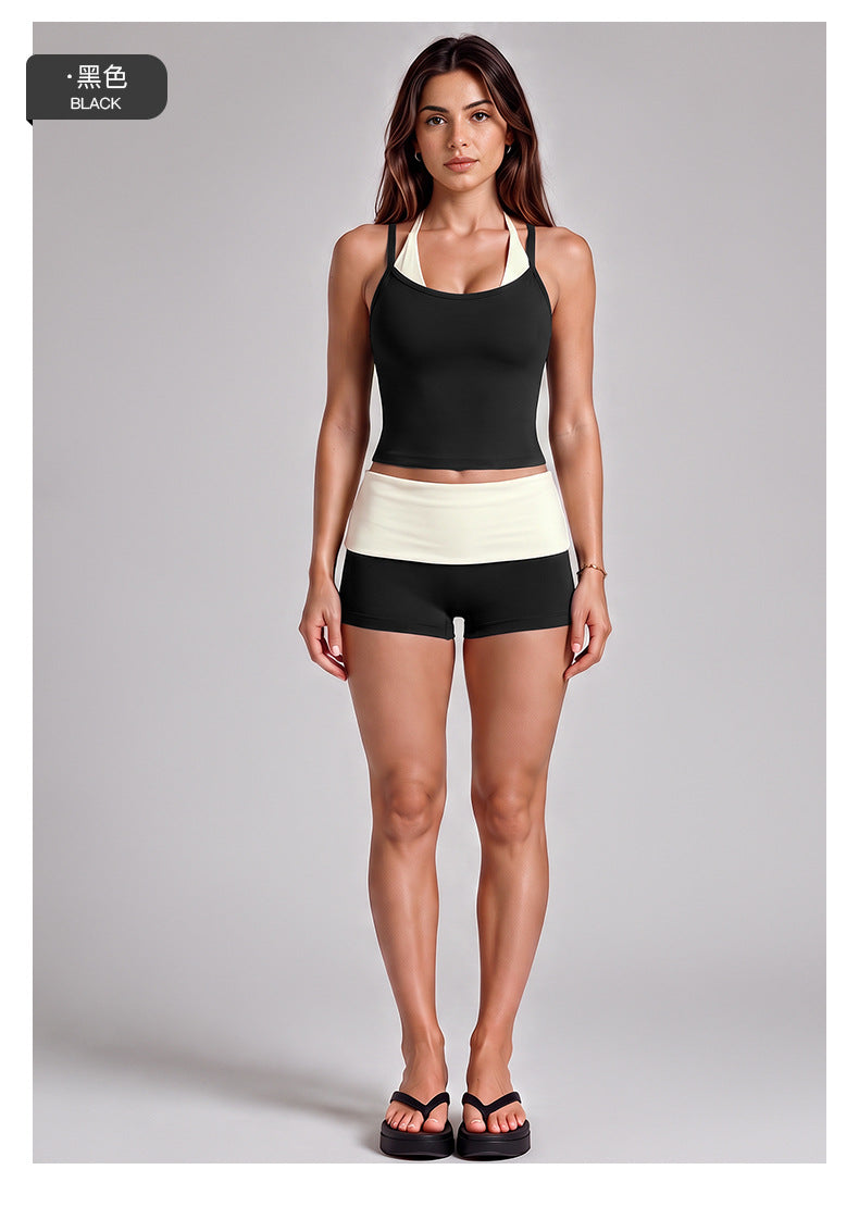 Wholesale Women’s Activewear Set | Halter Sports Top & Color-Block High-Waisted Yoga Pants | fouregg