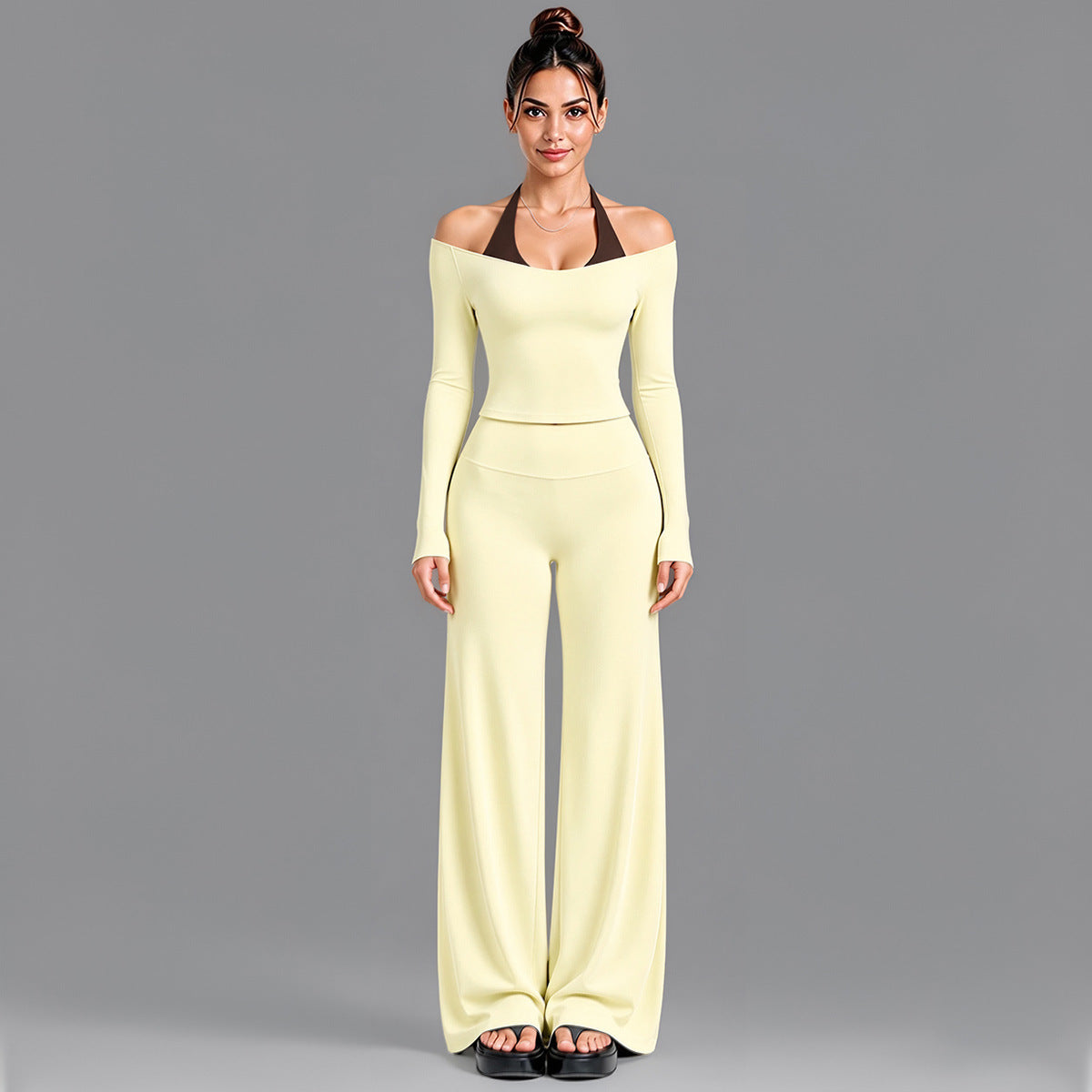Wholesale Women’s Activewear Set | Double-Layer Halter Sports Top & Breathable Fitness Leggings | fouregg - 6278 Long Sleeve + 1339 Straight-Leg Pants Cream Yellow