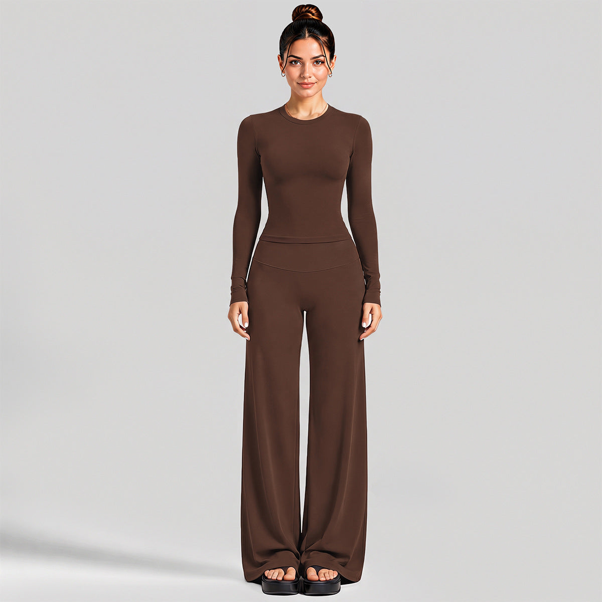 Wholesale Women’s Activewear Set | Fitted Long Sleeve Tee & Loose Straight-Leg Workout Trousers | fouregg - Long Sleeve + Straight-Leg Pants, Dark Coffee
