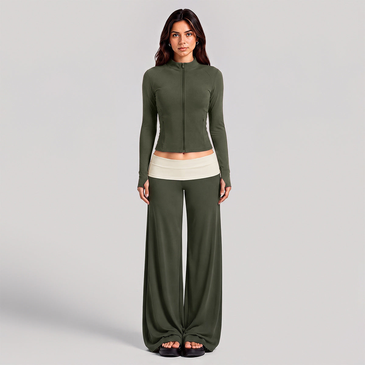 Wholesale Women’s Activewear Set | Color-Block High-Neck Jacket & Quick-Dry Workout Trousers | fouregg - Olive Green
