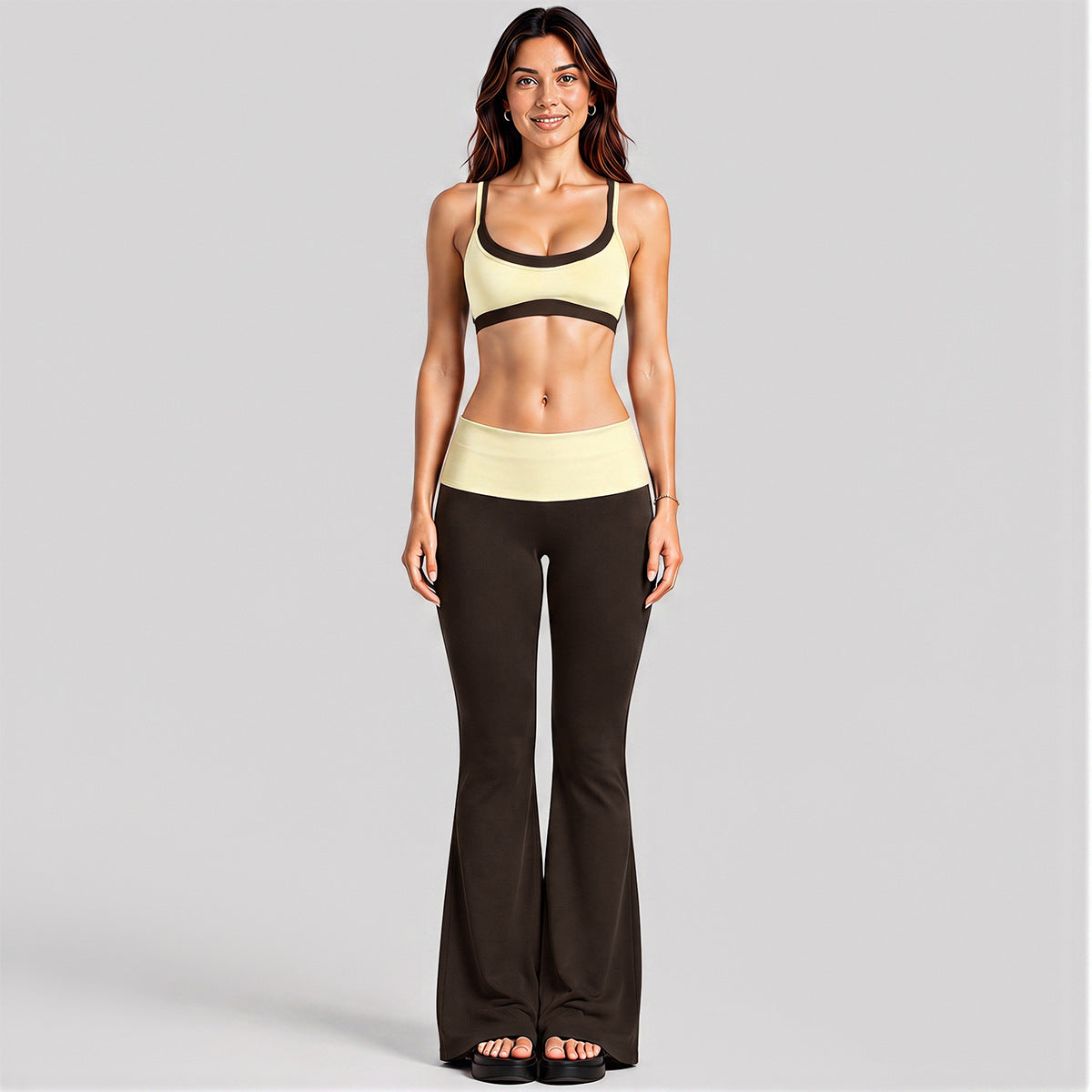 Wholesale Women’s Activewear Set | Faux-Layered Sports Bra & Quick-Dry Flared Yoga Pants | fouregg - 6188 Bra + 6188 Pants Cream Yellow/Root Brown