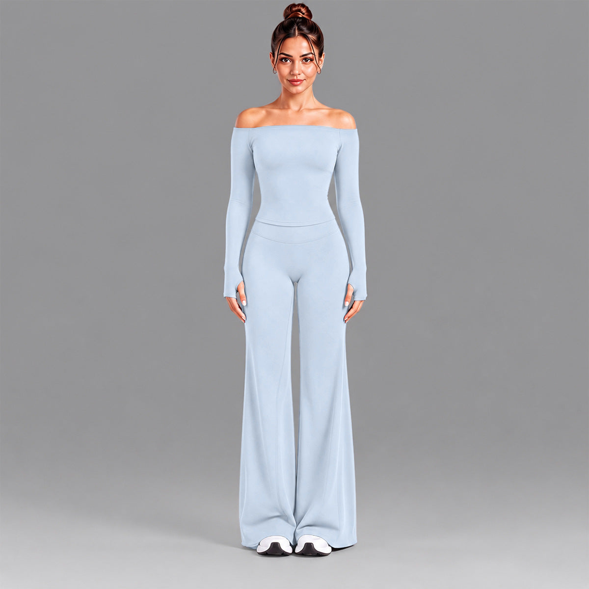 Wholesale Women’s Seamless Activewear Set | Slim-Fit Off-Shoulder Top & Peach-Lift Yoga Pants | fouregg - Long Sleeve + Flare Pants Mist Blue