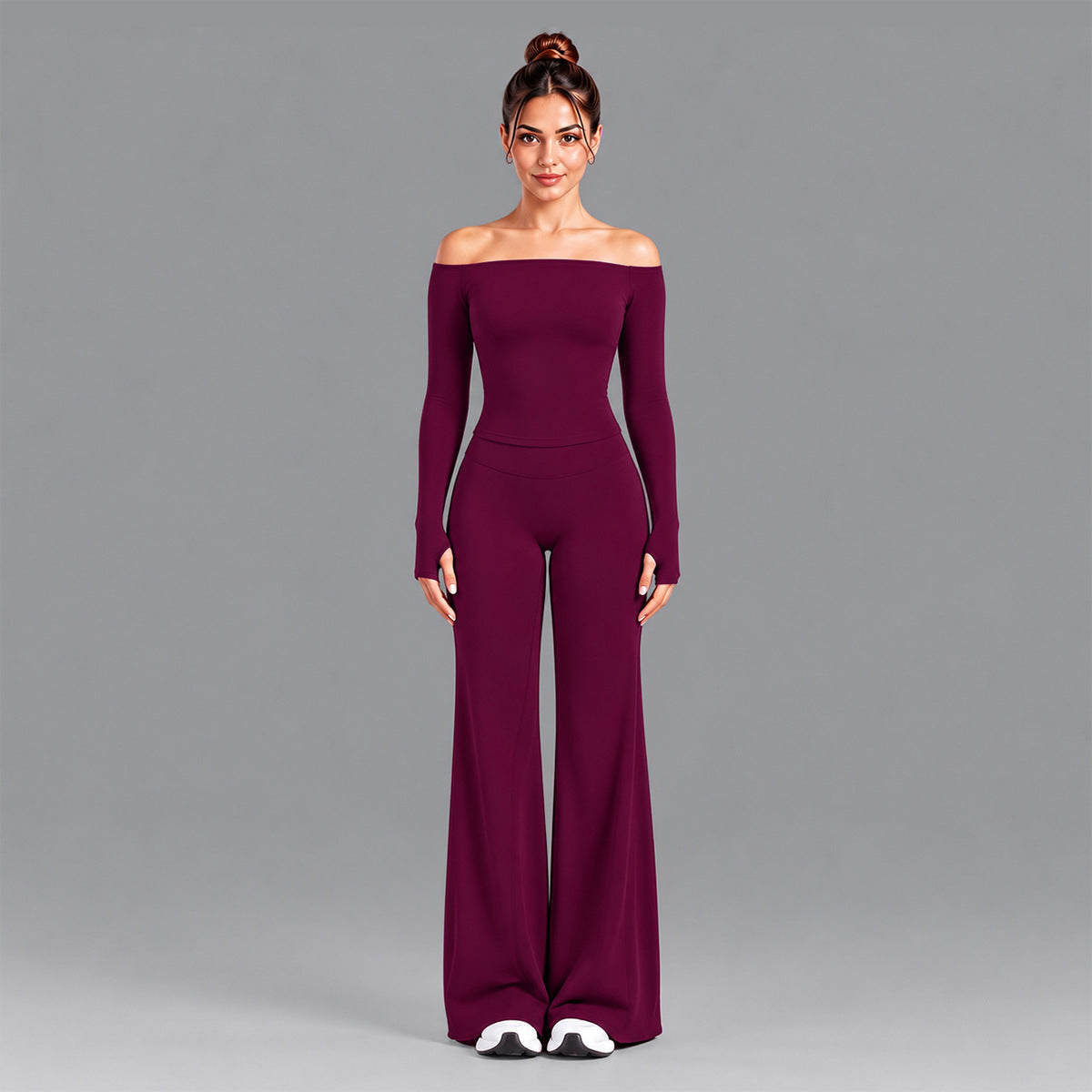 Wholesale Women’s Seamless Activewear Set | Slim-Fit Off-Shoulder Top & Peach-Lift Yoga Pants | fouregg - Long Sleeve + Flare Pants Plum