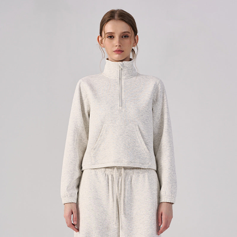 Wholesale Women’s Cropped Sweatshirt | Bulk Relaxed-Fit Half-Zip Workout Top | fouregg - Linen Gray