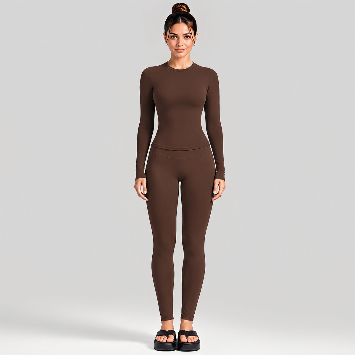 Wholesale Women’s Activewear Set | Fitted Long Sleeve Tee & Loose Straight-Leg Workout Trousers | fouregg - Long Sleeve + Leggings, Dark Coffee