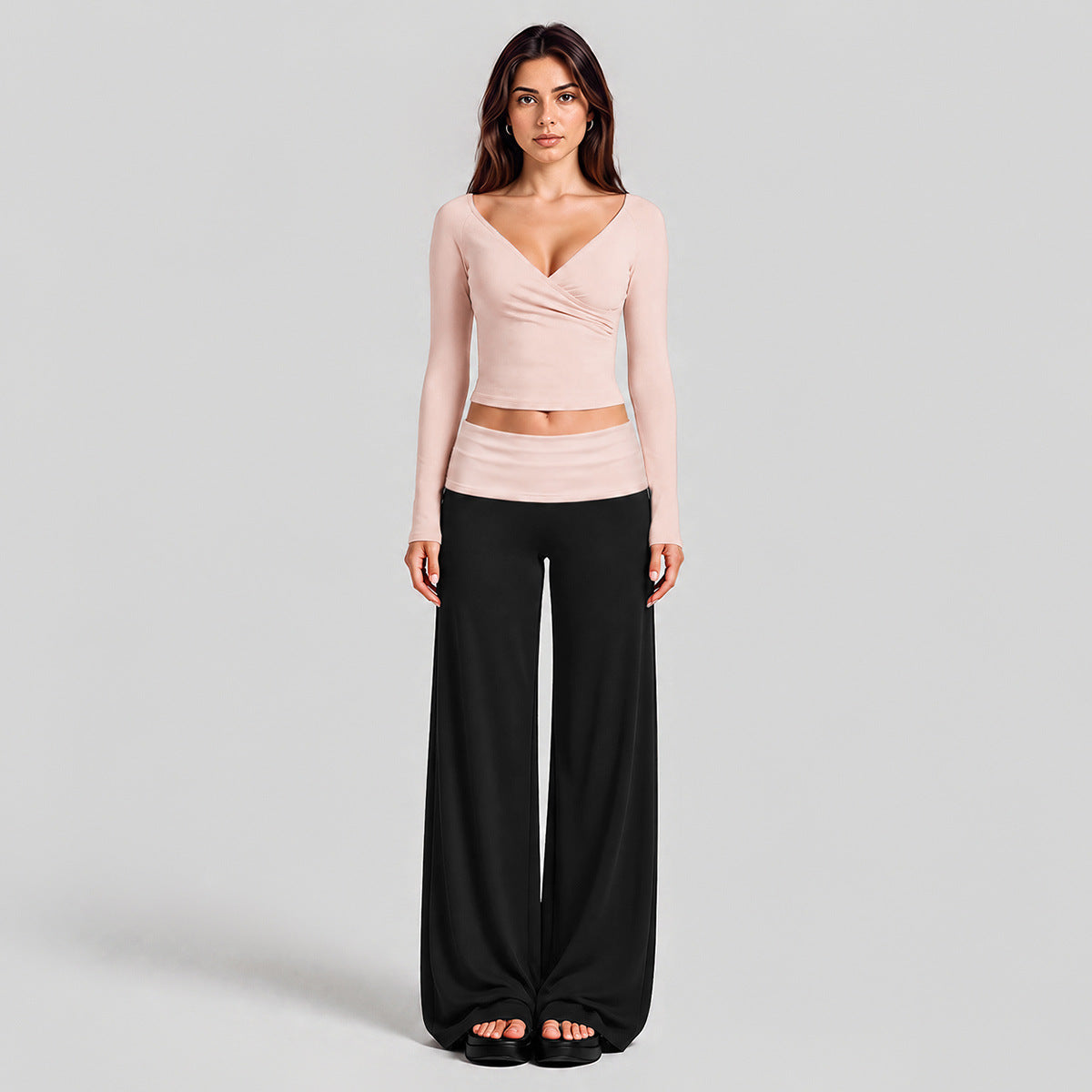 Wholesale Women’s Activewear Set | Quick-Dry Long Sleeve Off-Shoulder Top & High-Waisted Workout Pants | fouregg - Long Sleeve + Pants, Gray Pink