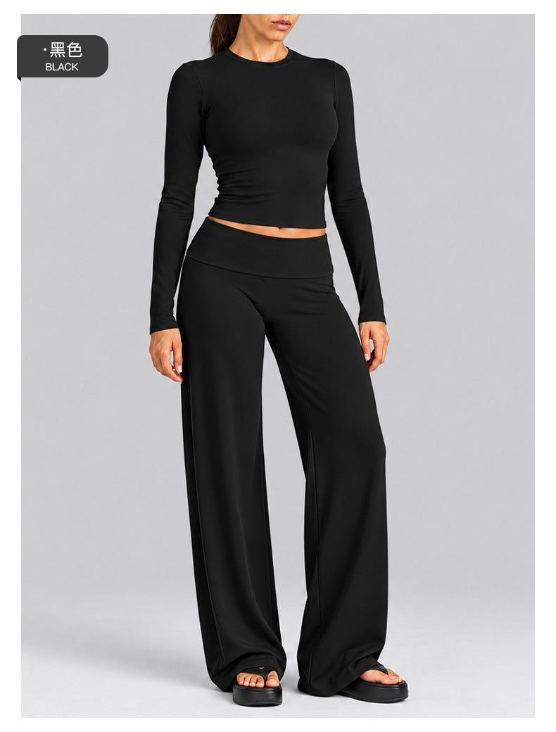Wholesale Women’s Activewear Set | Fitted Long Sleeve Tee & Loose-Fit Foldover Waist Workout Pants | fouregg