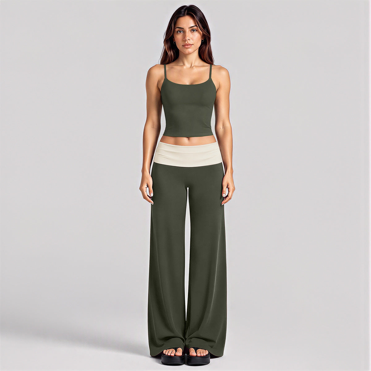 Wholesale Women’s Activewear Set | Backless Sports Tank & Color-Block High-Waisted Yoga Leggings | fouregg - Tank Top + Long Pants, Olive Green