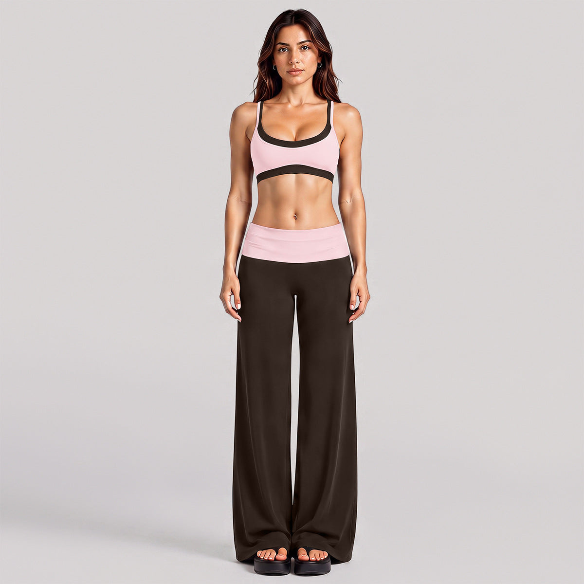 Wholesale Women’s Activewear Set | Layered Workout Bra & Color-Block Loose-Fit Training Pants | fouregg - Pink with dark roots
