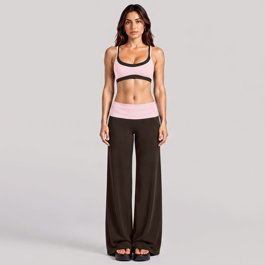 Wholesale Women’s Activewear Set | Layered Workout Bra & Color-Block Loose-Fit Training Pants | fouregg - Pink with dark roots